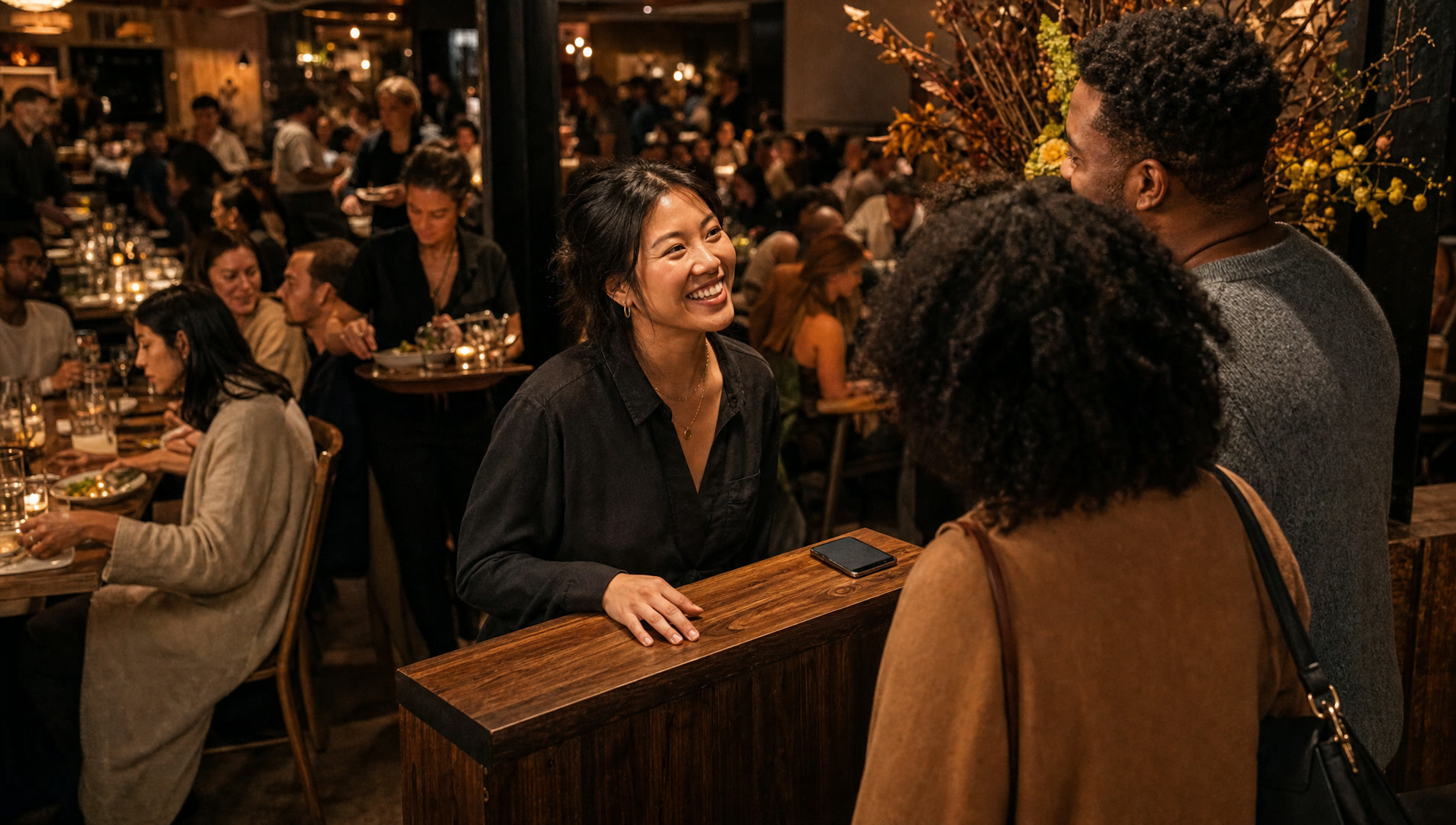 A host greeting guests on a packed night