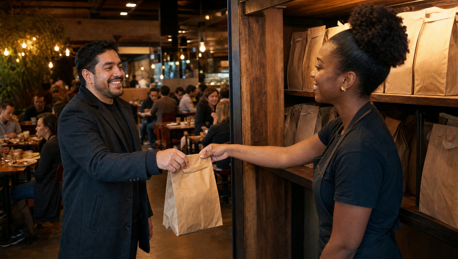 A guest collecting a bagged pickup order