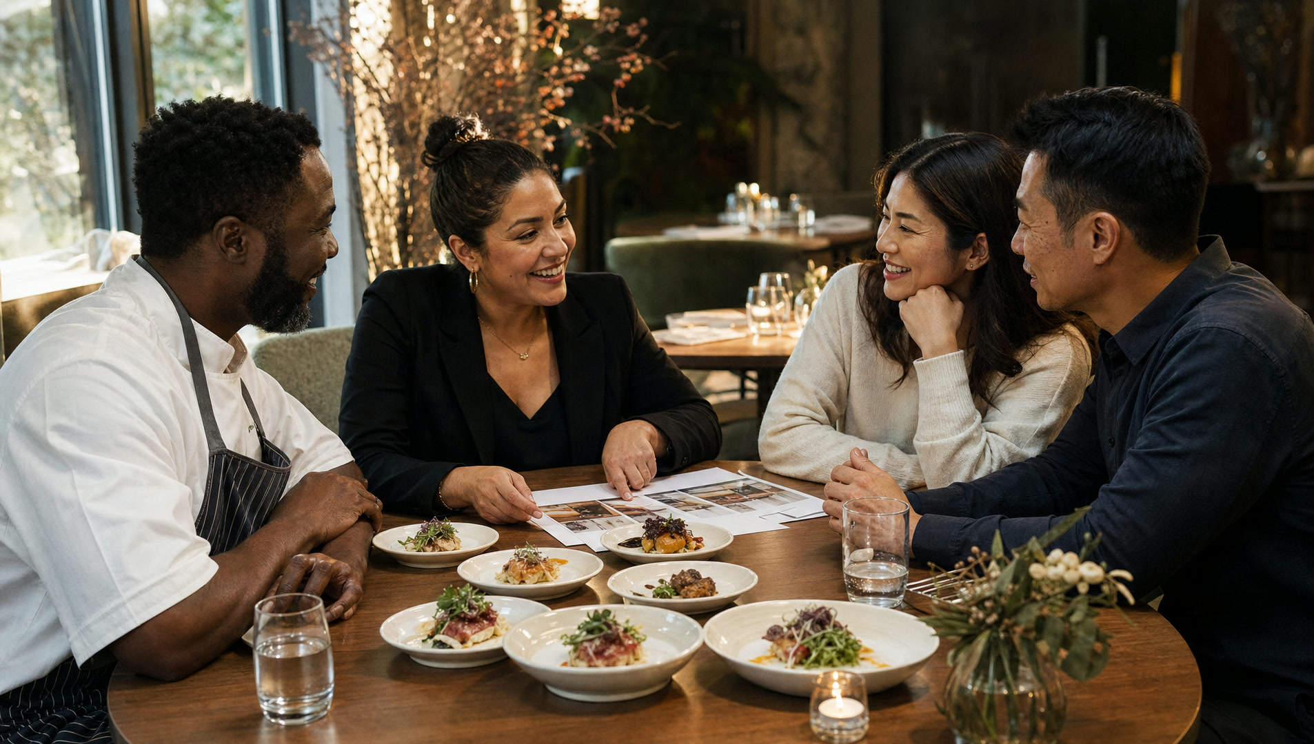 A chef and owner reviewing a proposal over tasting plates