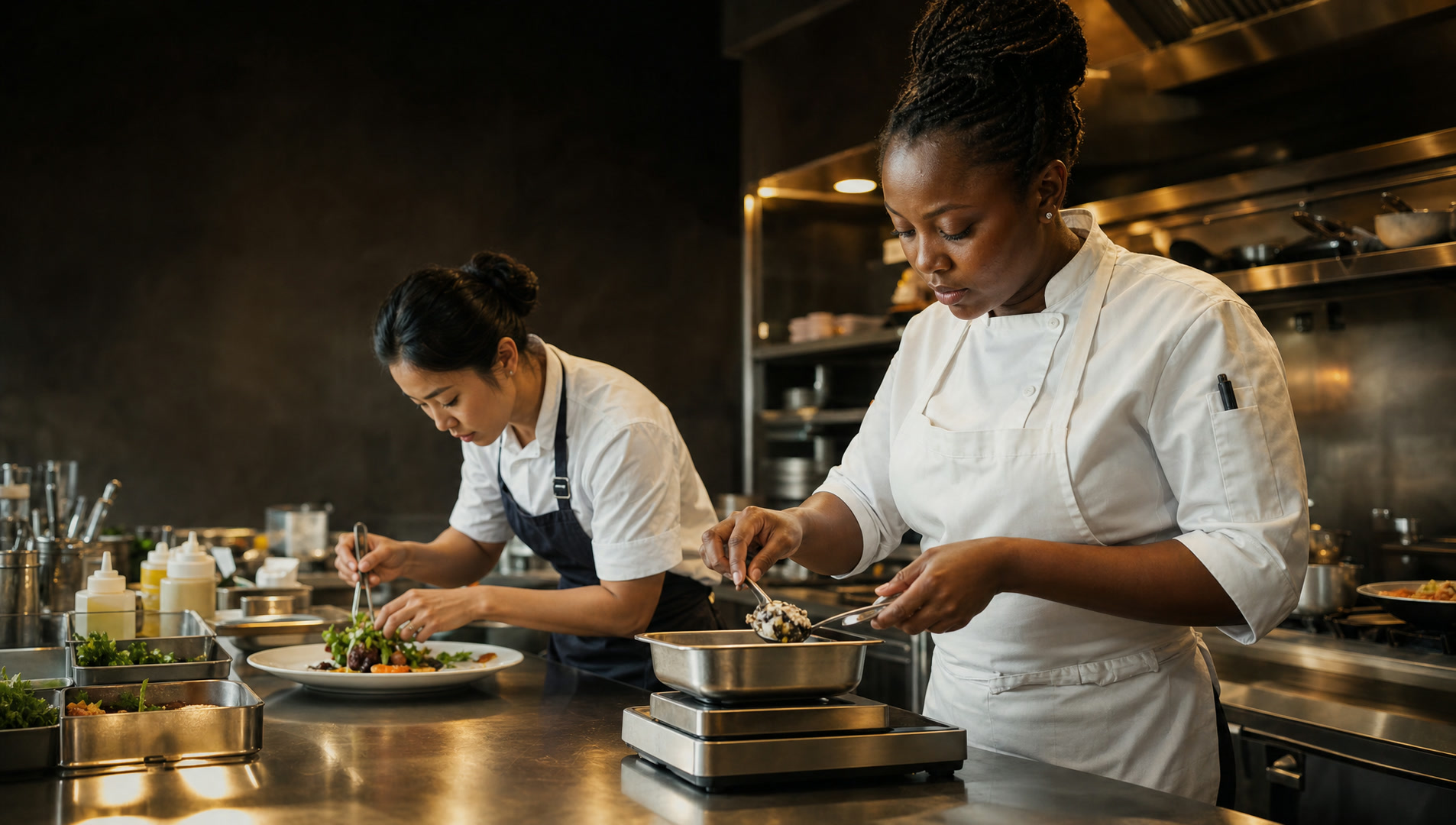 A chef portioning food on a kitchen scale