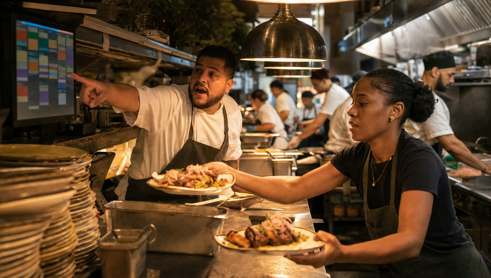 A server picking up plates at the kitchen pass