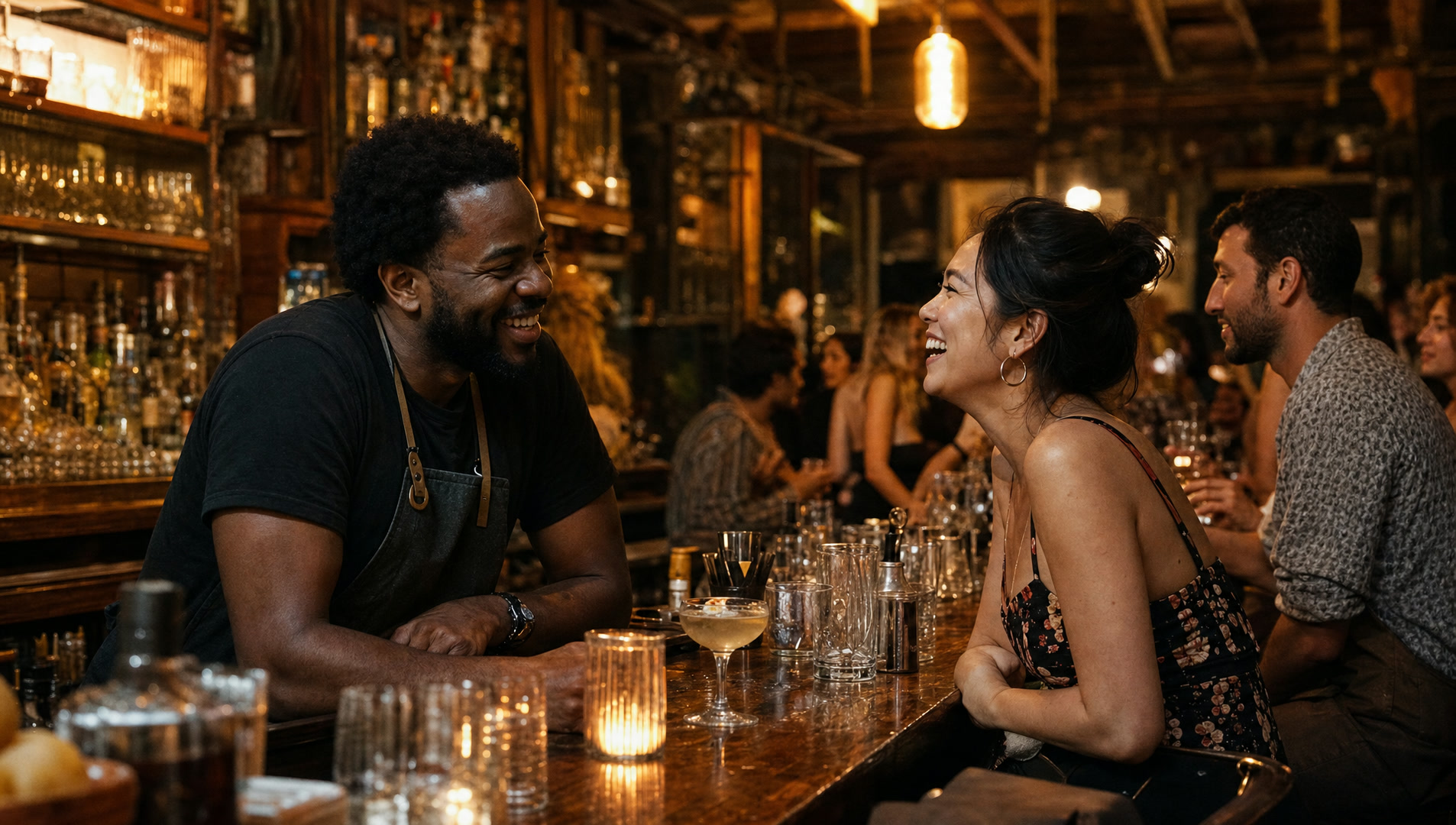 A bartender greeting a regular