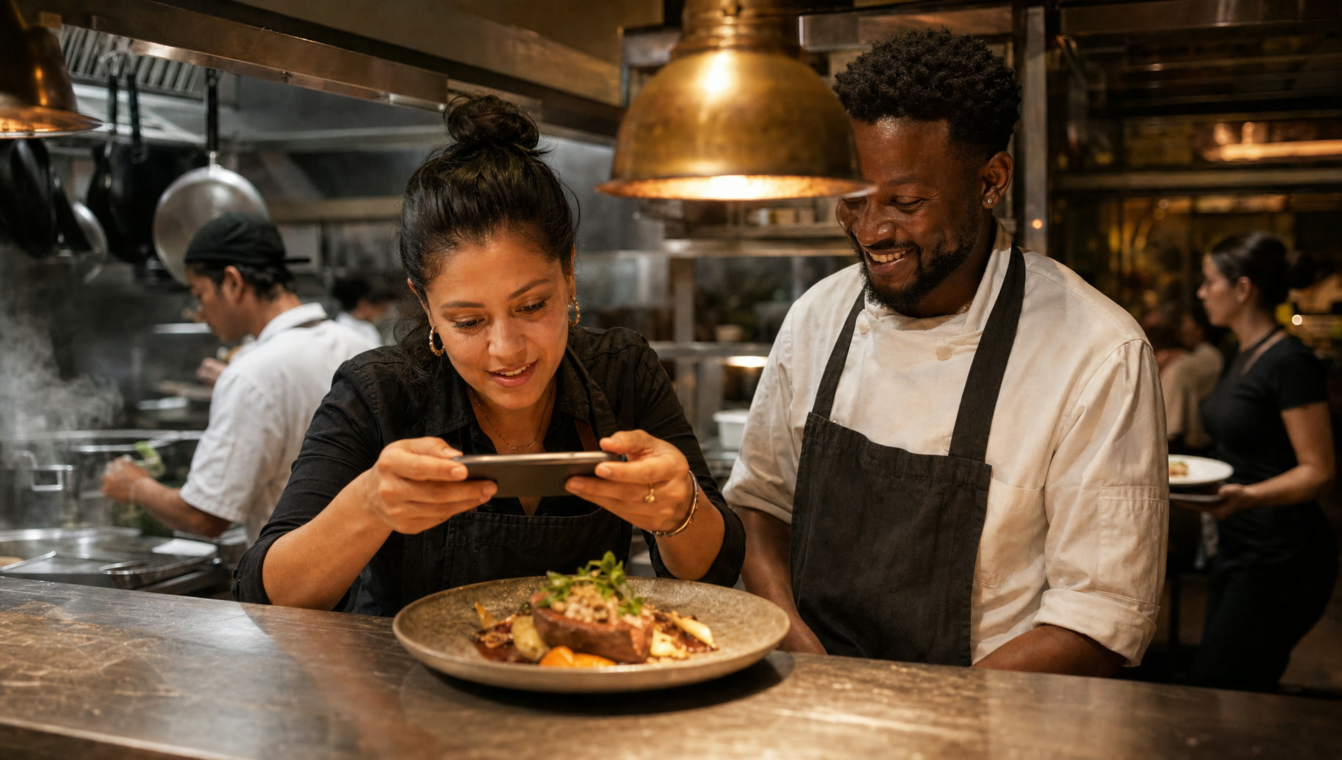 A staff member photographing a plated dish