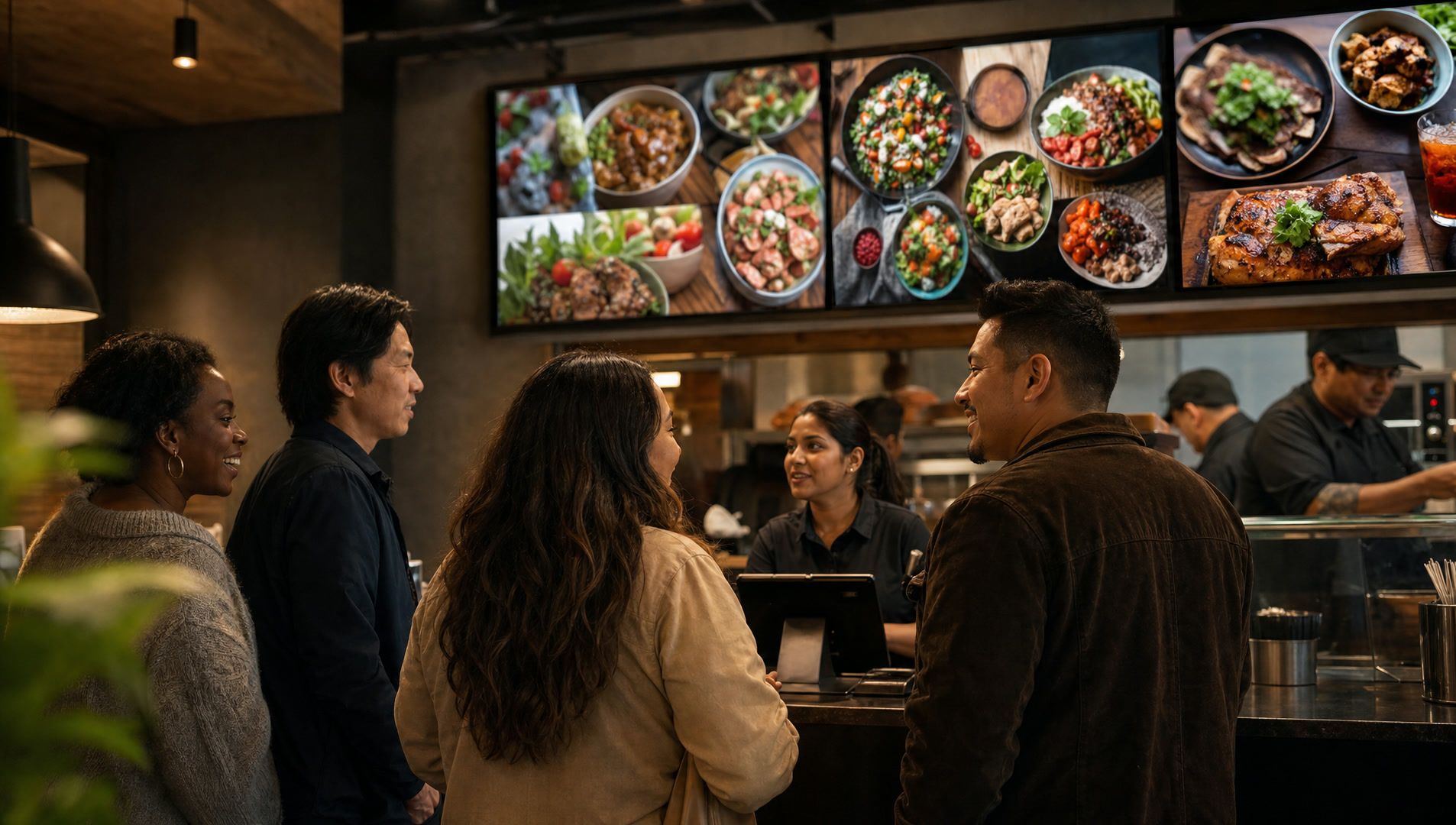 Menu screens above a counter with guests ordering